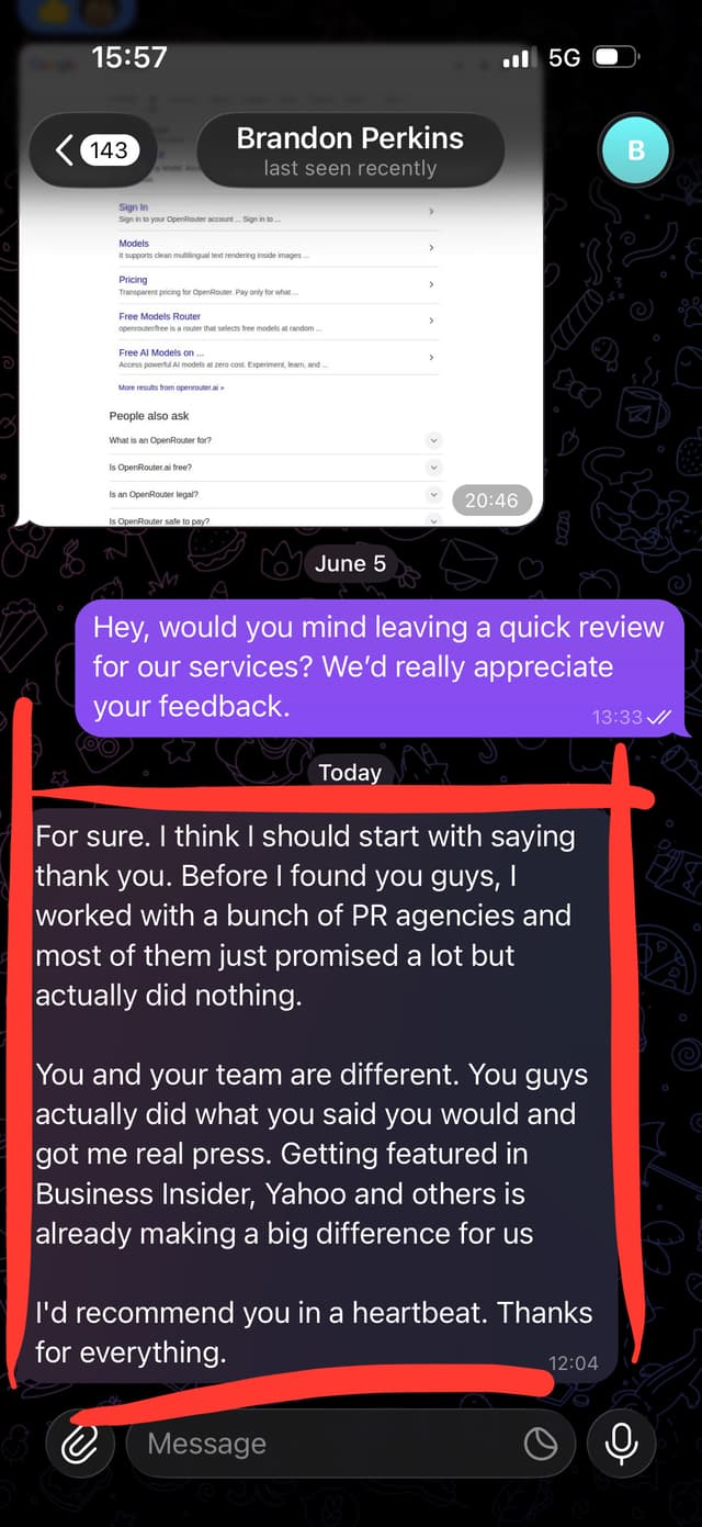 Text conversation with Brandon Perkins praising his Business Insider and Yahoo placements