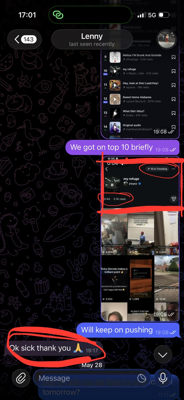 Text conversation with Lenny celebrating reaching the top 10 trending