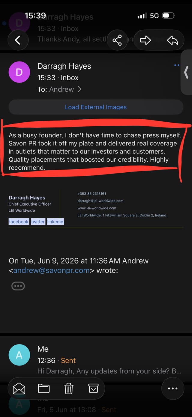 Client testimonial screenshot