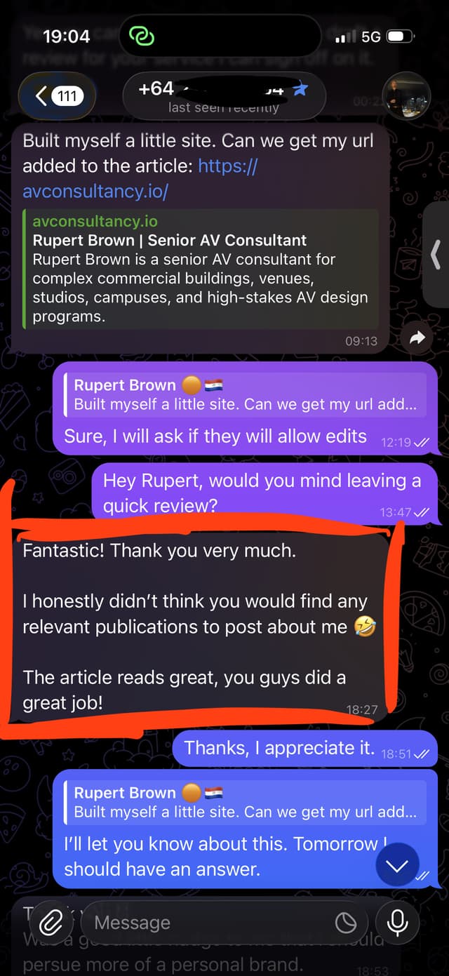 Text conversation with Maya Reyes praising the Business Insider feature