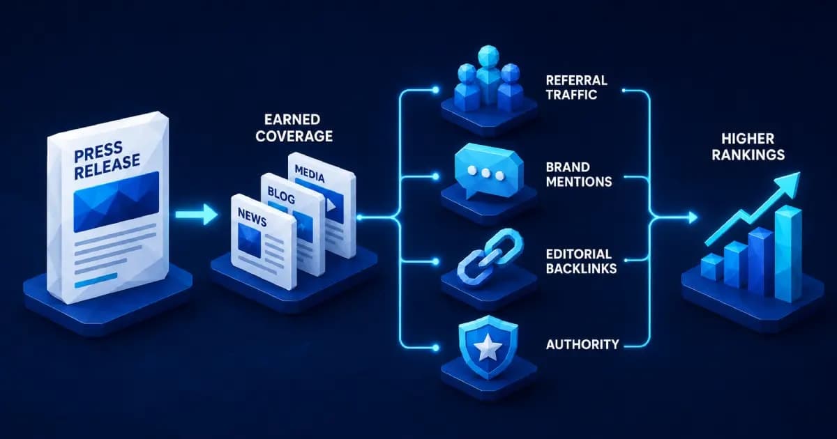 How a press release passes SEO value: coverage drives traffic, mentions, links, and authority.