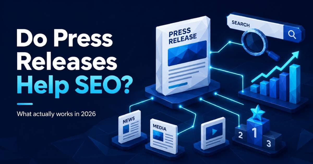 Isometric illustration of a press release document linked to search ranking signals and media coverage, showing how press releases help SEO.