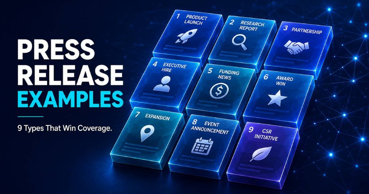 Isometric low-poly thumbnail showing press release examples on glowing media cards