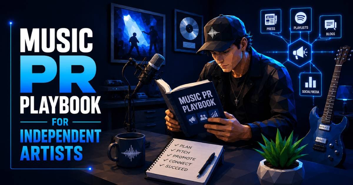Independent music artist holding a guitar reading a music PR playbook