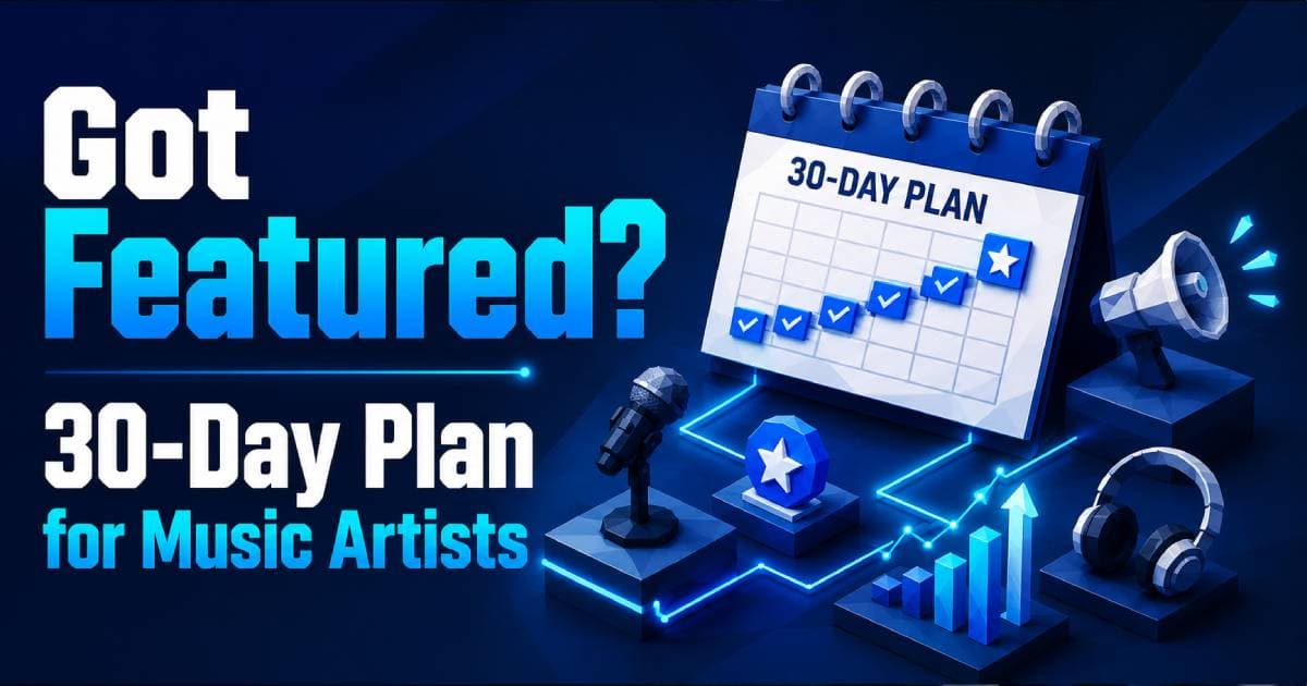 Best PR for music artists 30-day plan thumbnail with a calendar, microphone, trophy, and megaphone