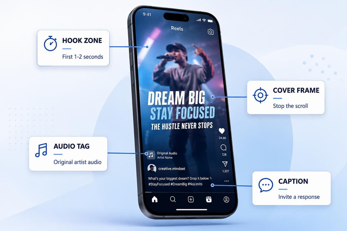 Smartphone mockup showing an Instagram Reel with labelled callout boxes for hook zone, audio tag, cover frame and caption areas Smartphone mockup showing an Instagram Reel with labelled callout boxes for hook zone, audio tag, cover frame and caption areas