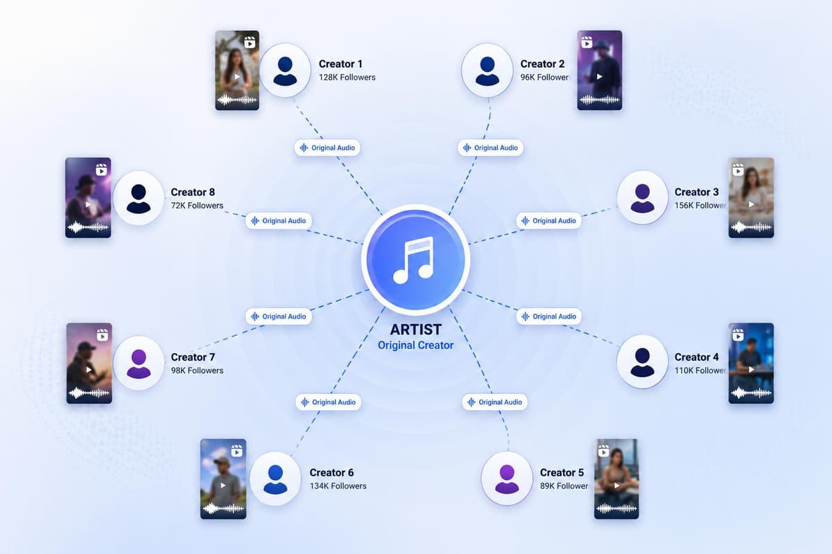Illustration showing a music artist's original audio spreading outward to multiple creator profiles on Instagram Illustration showing a music artist's original audio spreading outward to multiple creator profiles on Instagram