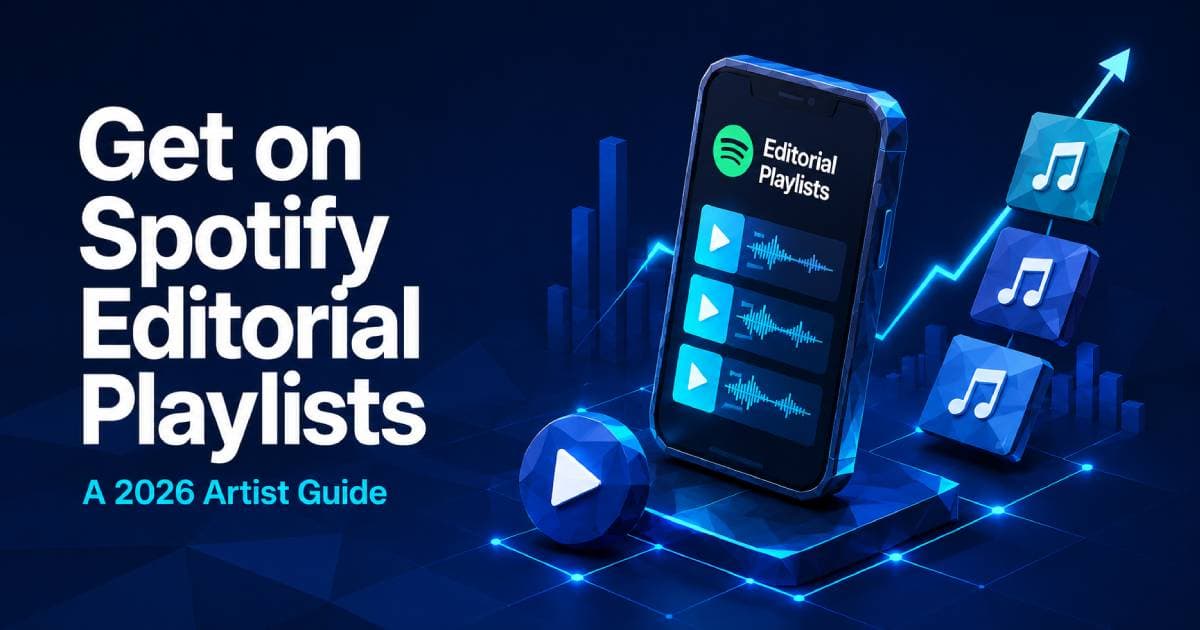 Isometric low-poly Spotify playlist dashboard with music cards, illustrating how to get on Spotify editorial playlists.